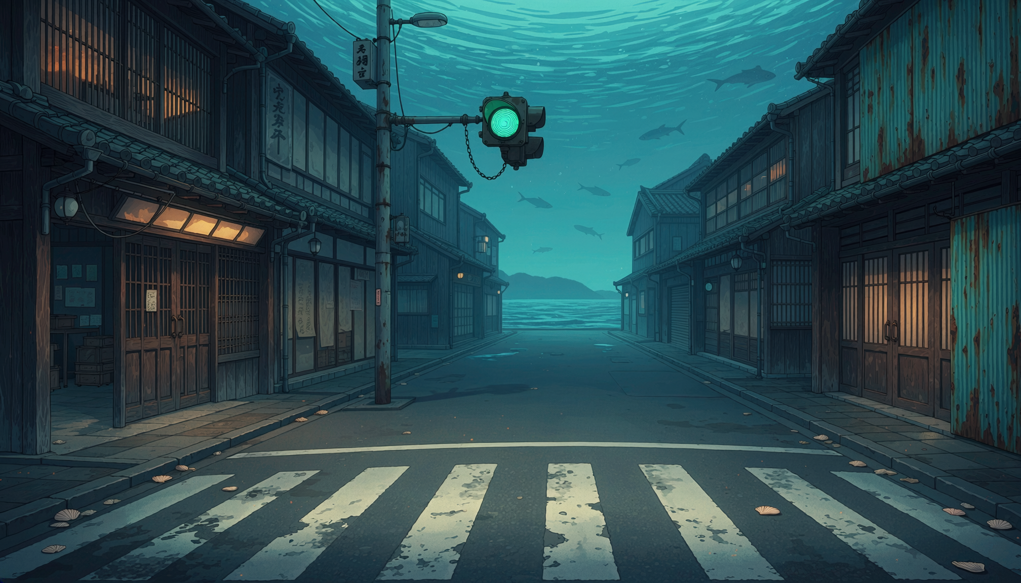 潮のない街:頭上に海と魚の影が浮かぶ、乾いた商店街